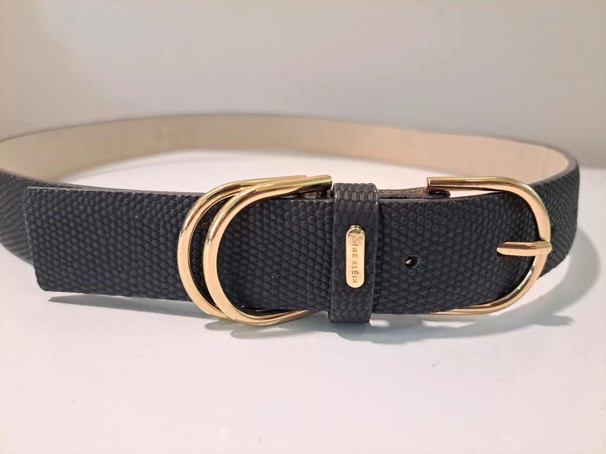 Anne Klein Black GenuinIItalian Leather Belt Large Rectangular Rhinestone Buckle Vintage Anne Klein White Leather Belt/ Gold Buckle/ Size  main image 3