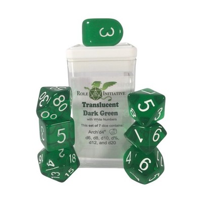 Polyhedral Dice - Translucent Dark Green w/White and Arch'd4 (7) New