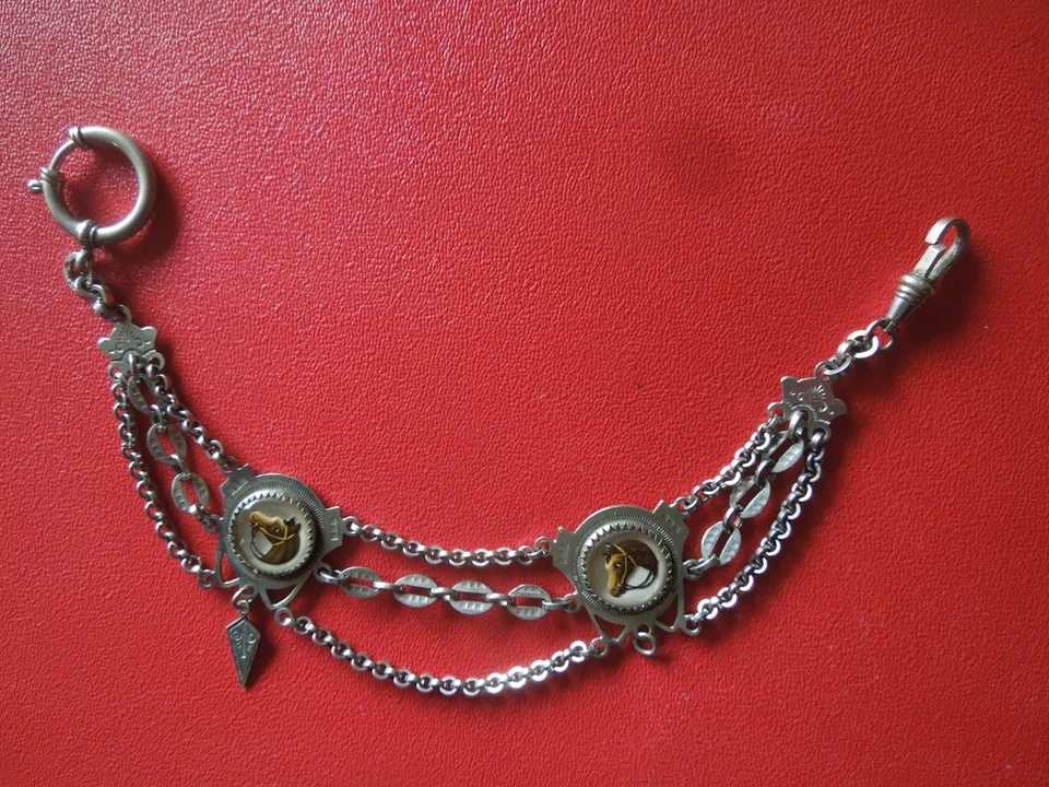 J7128 ANTIGUO ALEMÁN GES. RELOJ BOLSILLO PROTECCIÓN ESSEX HORSES CADENA SEE DES Foto 4 de 4