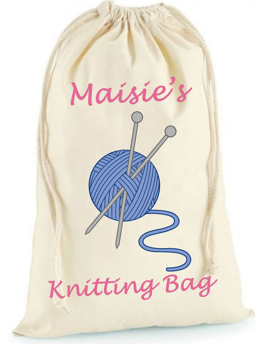 Personalised Knitting Bag Natural Cotton Drawstring Storage Sack