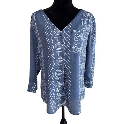 FRED DAVID BLUE AND WHITE GEO PRINT V/NECK PULLOVER TUNIC BLOUSE Sz -M