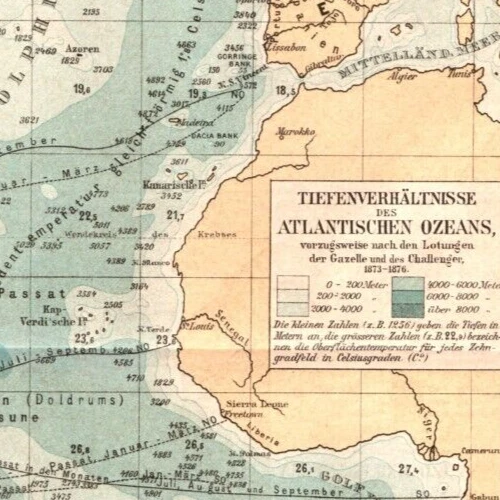 Tiefenverhältnisse des Atlantik +histor. Landkarte 1890+ Meerestiefen, Lotungen - Bild 2 von 2