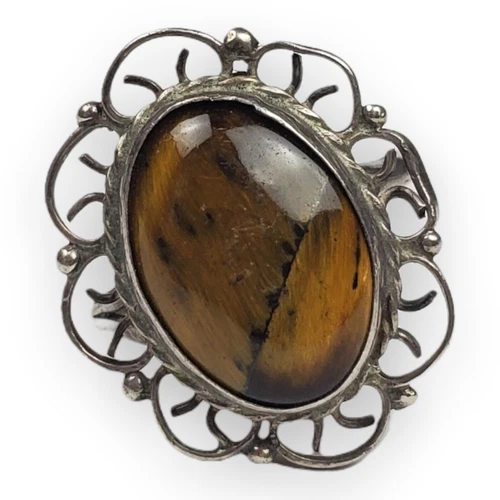 Sterling Filigree Tigerseye Ring 925 Silver Polished Cabochon Vtg Southwestern 6