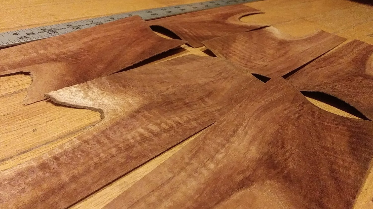 Curly Koa wood veneer 6 small pieces 3 1/4" x 5" Hawaiian 1/42" plus