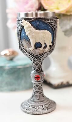 Ebros Gift Celtic White Wolf Rhinestone Figurine Goblet 7.5'' Height Home Decor