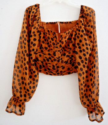 Free People OB1672934 Women's Sz S Brown Leopard Print Parker L/S Crop Top $98