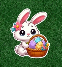 Colorful easter bunny w/ basket design sticker decal - several sizes available