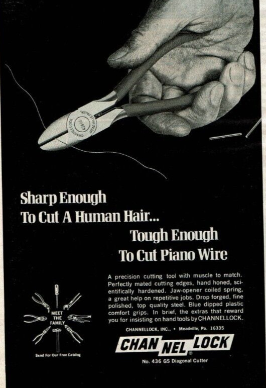 1977 Vintage Print Ad ChannelLock Sharp Enough Cutting Tool Cut Human Hair Piano