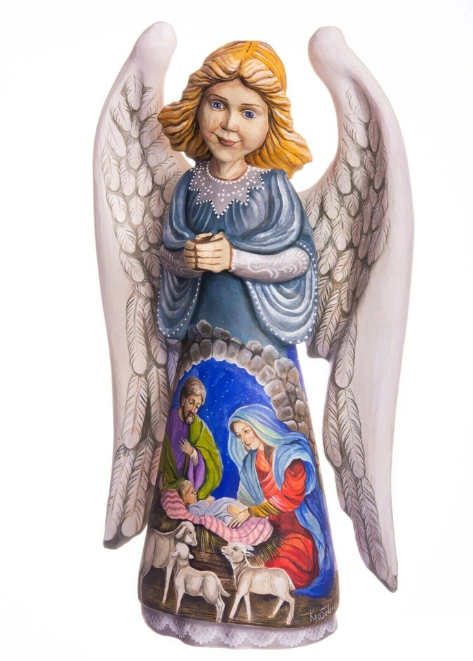 Ángel de madera tallado a mano 12,9" - Belén arte Navidad abrigo y estante decoración Foto 4 de 4