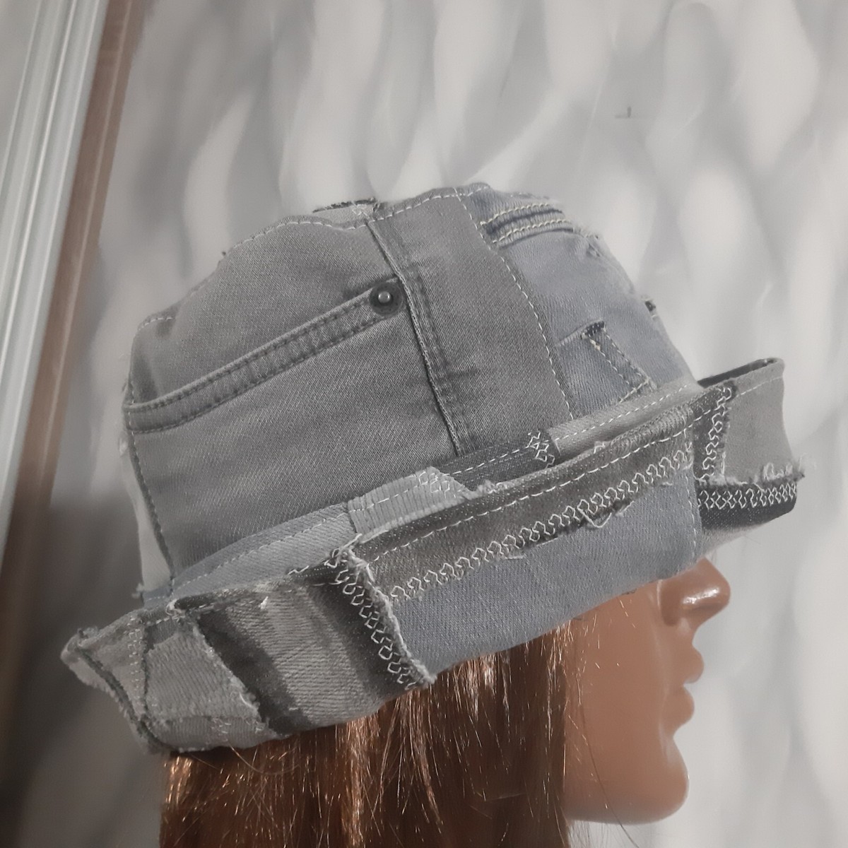 Denim patchwork hat, Boho jean hat in street fashion style 
