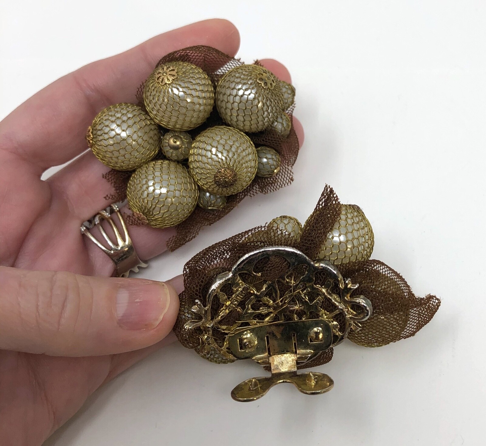 Vintage MUSI OOAK Designer assemblage Brown Brass Tulle Pearls SHOE