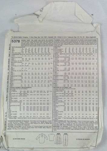 McCall's pattern 5378 Misses Shirt Top Skirt Pants or Shorts size D 1991 - Picture 3 of 8