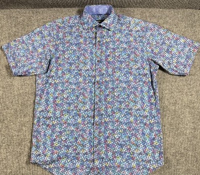 Bugatchi Shirt Mens Medium Geometric Classic Short Sleeve Button Up Blue Casual