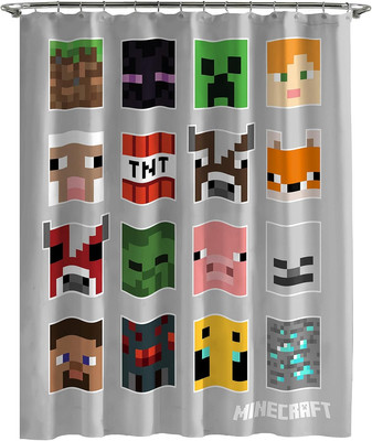 Minecraft Mobs and Blocks Shower Curtain & Easy Care Fabric Gamer Bath Curtain F