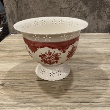 Red rose ivory pedestal bowl vintage FTD floral bowl