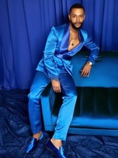 Royal Men Satins Suit Wedding Tuxedos Fit Man Peaked Lapel Blazer Suits 2 Pieces