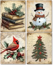 laveliabel Vintage Christmas Wall Art Prints Set of 4 Unframed, book tree 