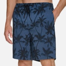 NEW Kirkland Signature Men's L Swim Shorts Blue Palm Print Quick-Dry