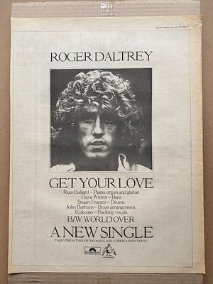 ROGER DALTREY GET YOUR LOVE POSTER SIZED original music press advert  from 1975 