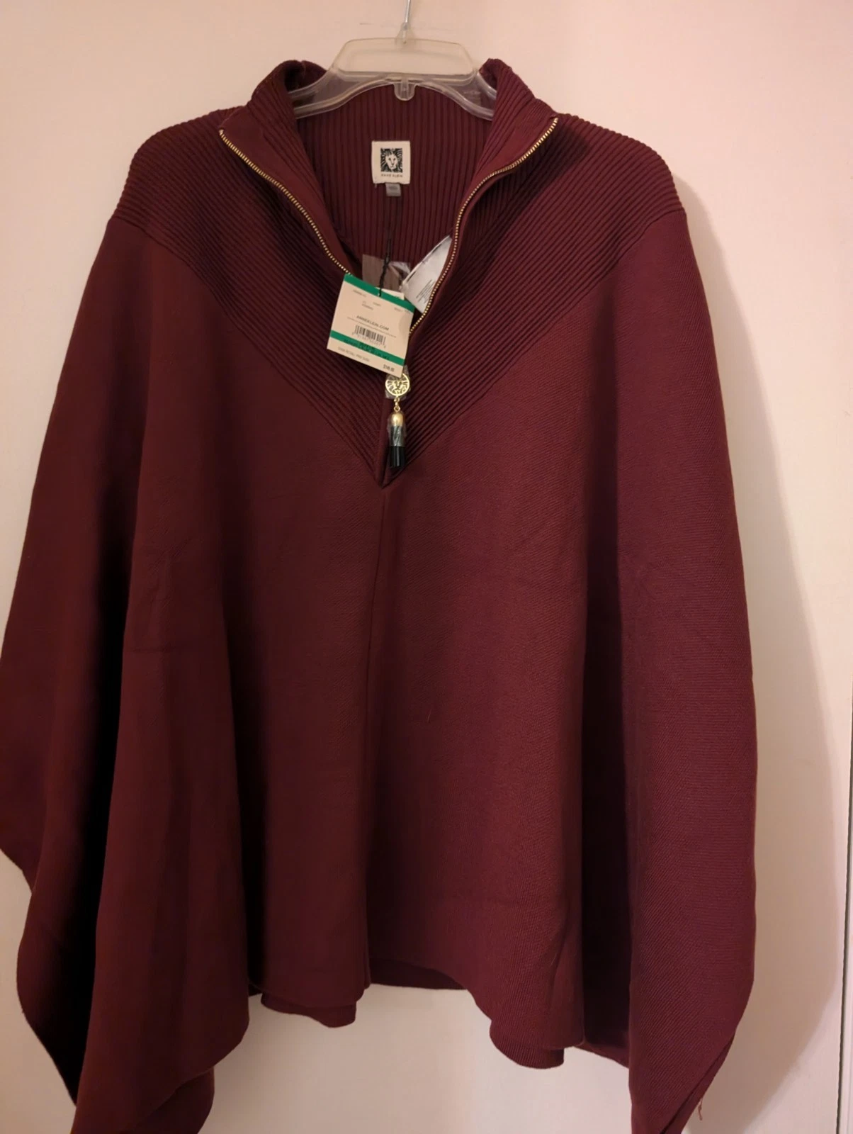 NWT Anne Klein Womens Ribbed Trim Poncho Sweater Chianti L/XL MSRP 149.00