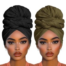 2 Piece Long Solid Color Stretch Head Wrap African Women's Black Army Green