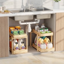 2 Pack Under Sink Organizer, Bamboo Wooden 2-Tier Pull-Out Storage with Slidi...