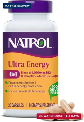 Natrol Ultra Energy 4-in-1 Blend 1000mcg B12, Vitamin B Complex, Vitamin D, CoQ1