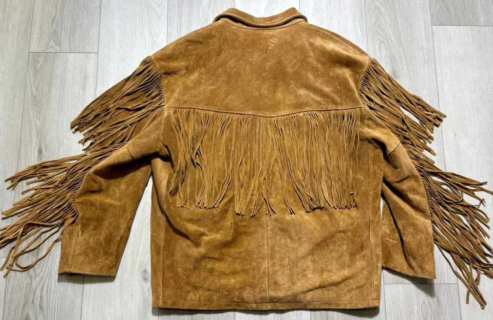 80s Sea Dream Suede Leather Fringe Western Jacket Tan Boho Cowboy Men’s Large - Image 2 of 4