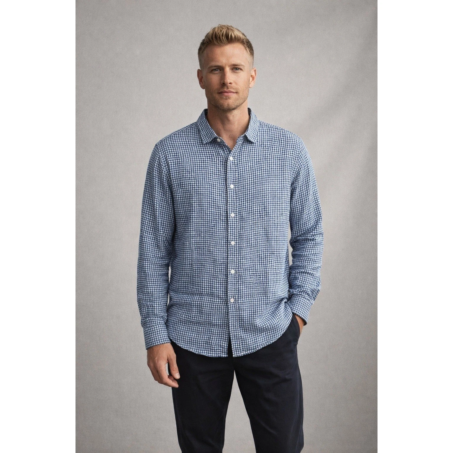 NWOT SWIMS Amalfi Gingham Linen Shirt Blue Mens L Long Sleeve Button Up New