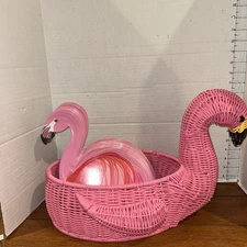 12" tall Picnic Serving Basket Outdoor Patio Bowl Pink Flamingo + over 50 plates