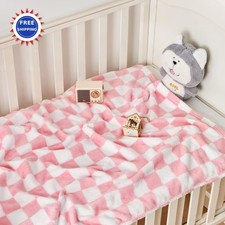 Checkered Baby Blanket 30 x40 Pink Fleece for Girls Boys Toddlers Infants Yurhap
