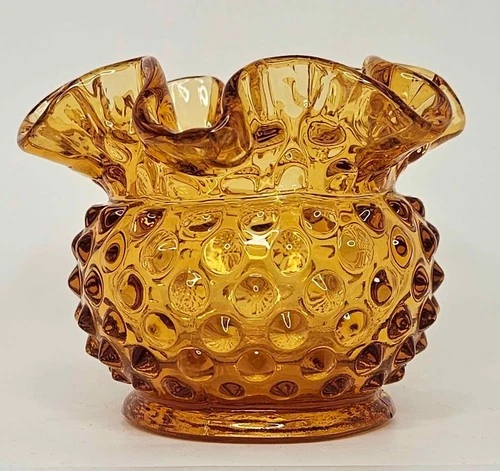 Vintage Fenton Hobnail Amber Ruffled Edge Art Glass Footed Vase 3.25”