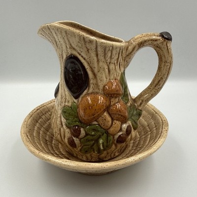 VTG Merry Mushroom Handmade 1970 s Pottery Pitcher & Bowl Oak Tree Acorns READ