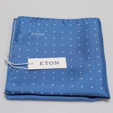 Eton NWT 100 Silk Pocket Square In Blue with Small White Dots Made in Italy