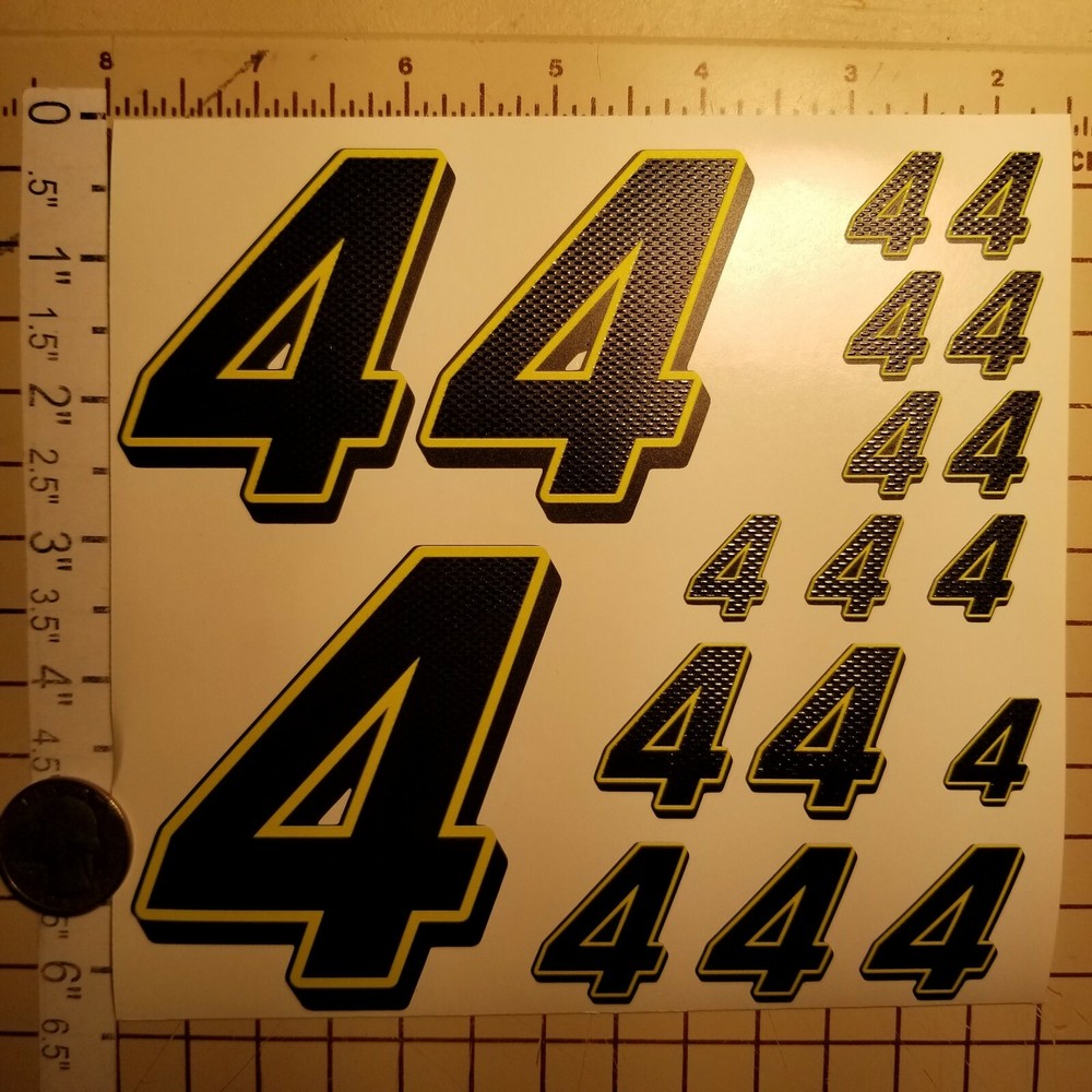 Matte Black-w/Gloss Carbon Fiber yellow #4's Racing Numbers Vinyl Decal Sheet Rc