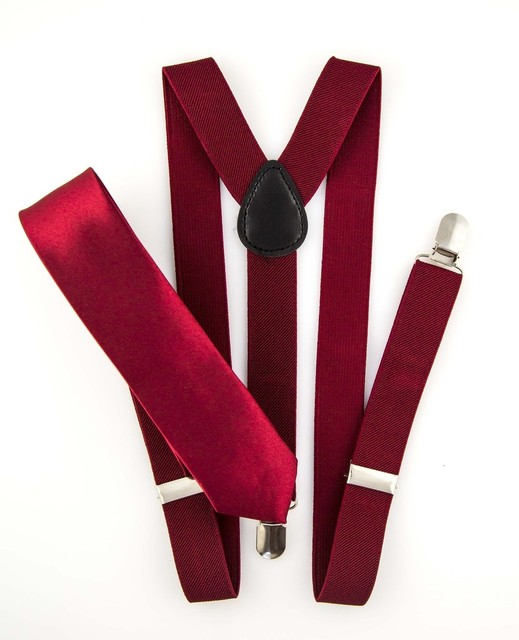Dark Red Mens 2" Skinny Neck Tie Suspender Set Wedding Classic