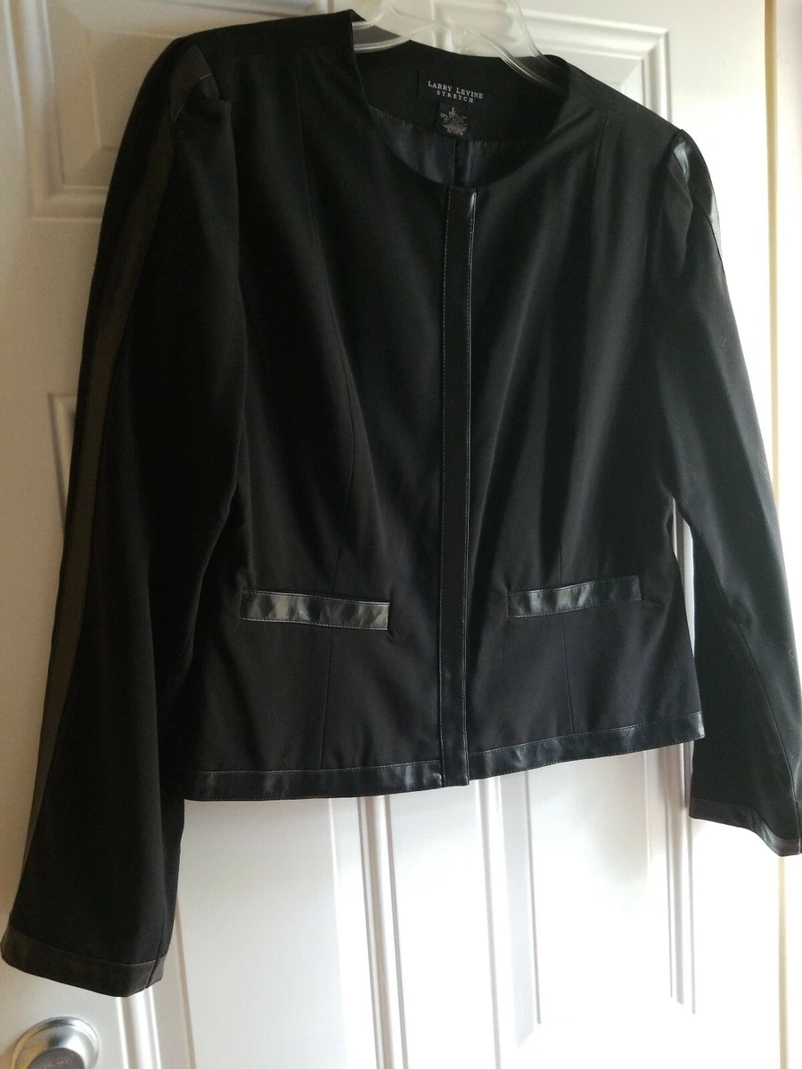 LARRY LEVINE Black Stretch Jacket L Faux Leather Trim No