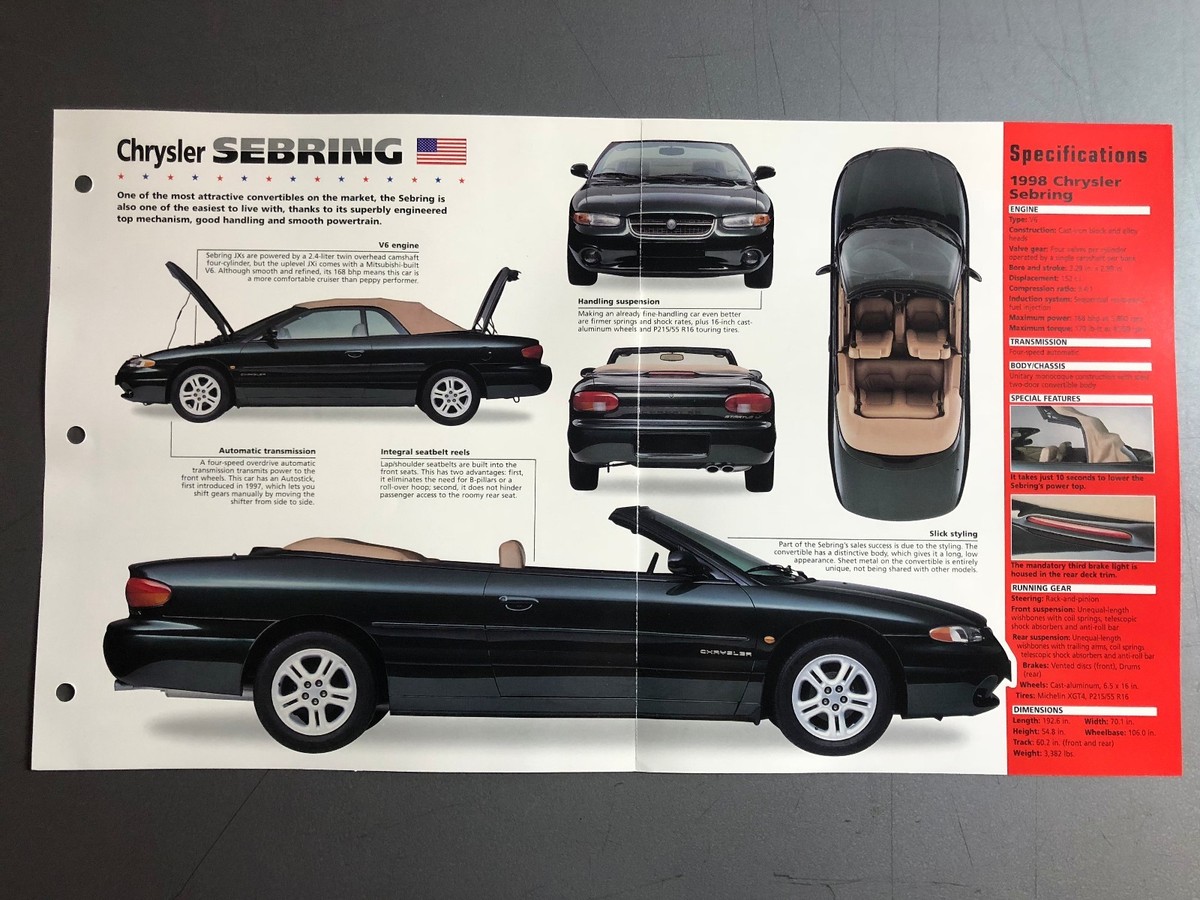 1998 Chrysler Sebring Convertible IMP Hot Cars Spec Sheet Folder