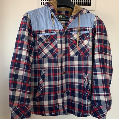 AFS Jeep Med Shacket Blue White Red Plaid Hood Snaps Faux Fur Lining