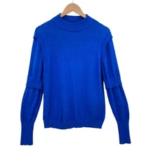 H Halston Sweater Womens Medium Blue Knit Mock Neck Long Paneled Sleeve Pullover