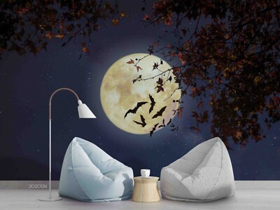 3D Full Moon Bats Trees Night Scene Self-adhesive Removable Wallpaper Murals