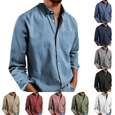 Spring Summer Mens Casual Loose Cotton Linen Solid Color Long Sleeve ...