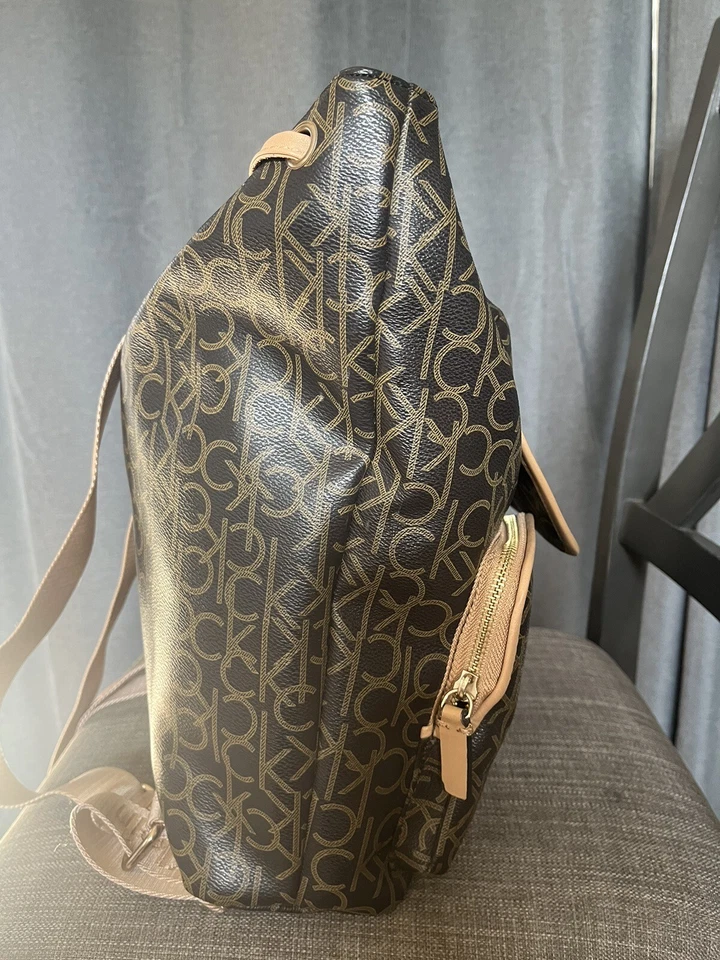Calvin Klein Dark Brown Monogram Leather Adjustable Strap Outer Pocket Backpack - Image 4 of 4