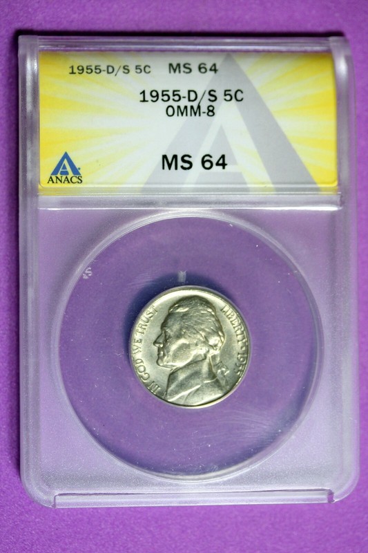 1955-D/S 5C ANACS MS64 OMM-8 JEFFERSON #B30026