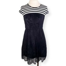 Vera Wang Striped Black White Dress Womens 3 Lace Fit Flare Mini Knee Length