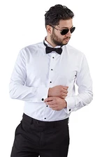 Mens No Tags Slim Fit White Wing Tip Tuxedo Dress Shirt Bow Cufflinks Studs AZAR
