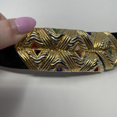 Judith Leiber Black Lizard-Texture Leather Belt VTG JUDITH LEIBER Black Lizard Leather Multi-Colored JEWELED  main image 3