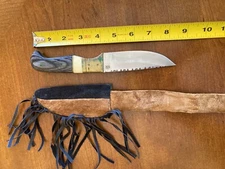 Chipaway Cutlery 8” fixed blade knife with black and tan fringe Sheath Vintage
