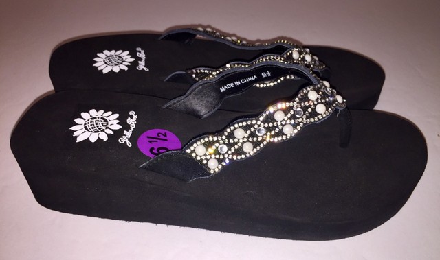 yellow box flip flops wedge