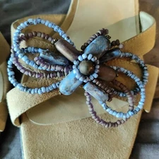 Stuart Weitzman Tan Suede Strappy Heeled Slide Blue/Brown Wood Bead Bow Size 9